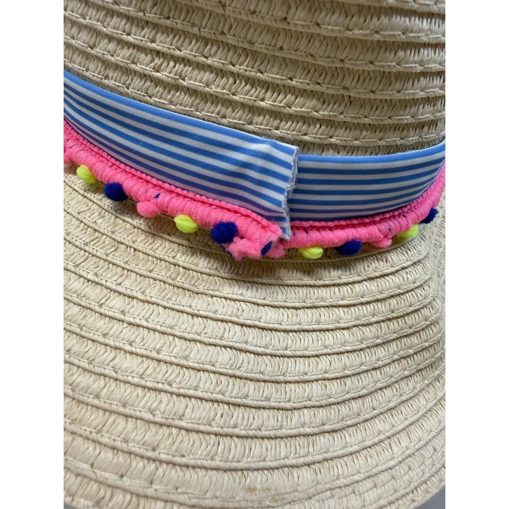 Tommy Bahama Kids Tan Straw Sun Hat Fedora Striped Pom Pom NWT New